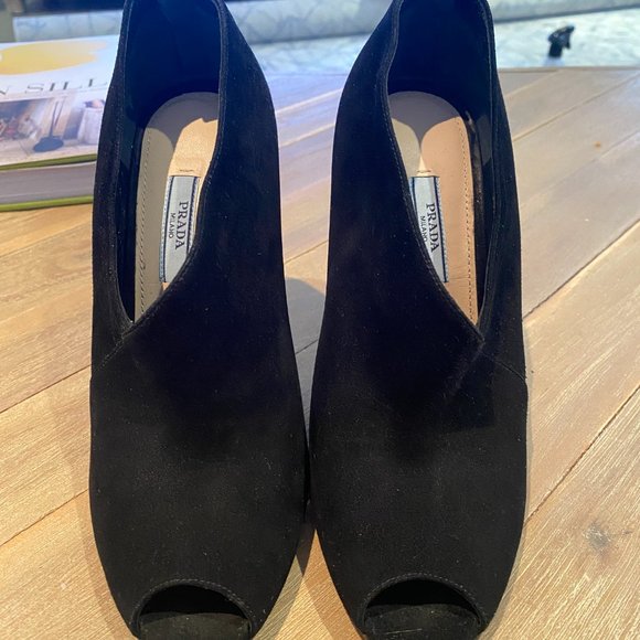Prada Black Suede Leather Peep Toe Ankle Booties - Picture 2 of 6